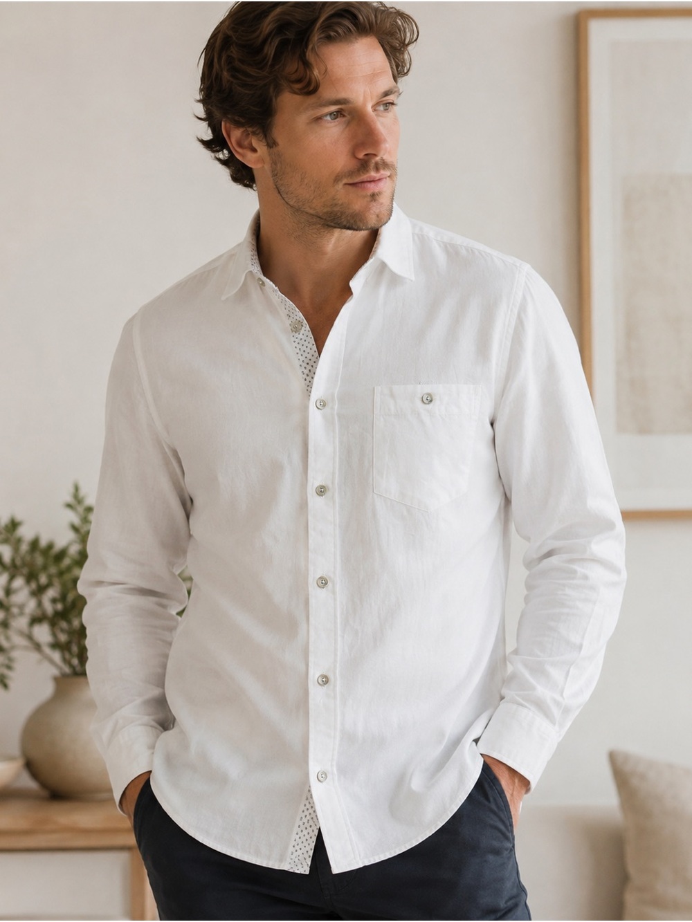 Ted Baker Men's White Long-Sleeve Button Down Shirt Linen Cotton Resort